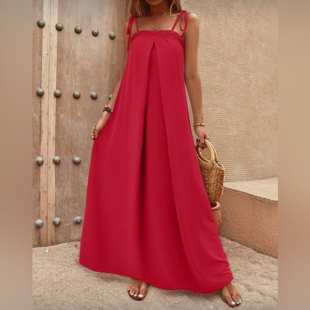 SHEIN MOD Red Maxi Dress Tie-Shoulder Straps & Smocked Bust (Size S)